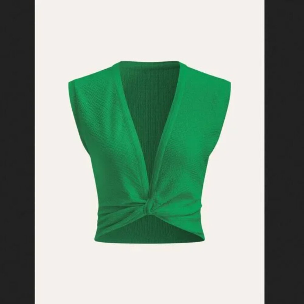 Commense Green Knot Front V-Neck Tank Top